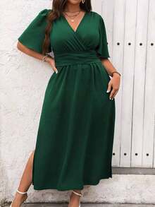 Vestido maxi de verano para mujer talla grande, de manga corta con volantes y cuello en V de un solo color - Verde Oscuro - Ver 3