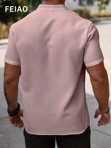 FEIAO Men's Retro Old Coin Style Button Front Gray & Pink Polyester Waffle Texture Short Sleeve Polo Shirt - Baby Pink - View 2