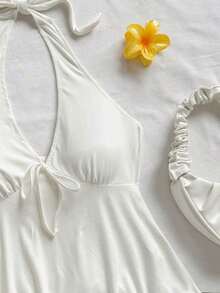 Bata escote en V con lazo y espalda descubierta informal de estilo casual para vacaciones, adecuada para el verano - Blanco - Ver 3