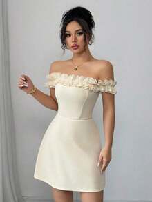Vestido romántico con hombros descubiertos y volantes en la cintura para mujeres - Albaricoque - Ver 7