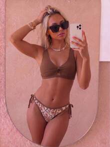 August vacation Bộ bikini nữ thời trang tối giản phong cách Bohemian màu kaki, gợi cảm, họa tiết ngẫu nhiên, thích hợp cho kỳ nghỉ hè đi biển. - Nhiều màu - Xem 3