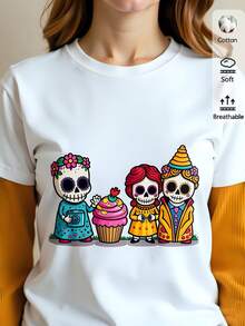 Women's 180G White Short-Sleeved T-Shirt With Round Neck, Printed With Adorable Skulls, Soft And Comfortable, Unique Design With Cupcake Figures, Perfect For Casual Style And Mexican Parties. - 白色 - 查看 1