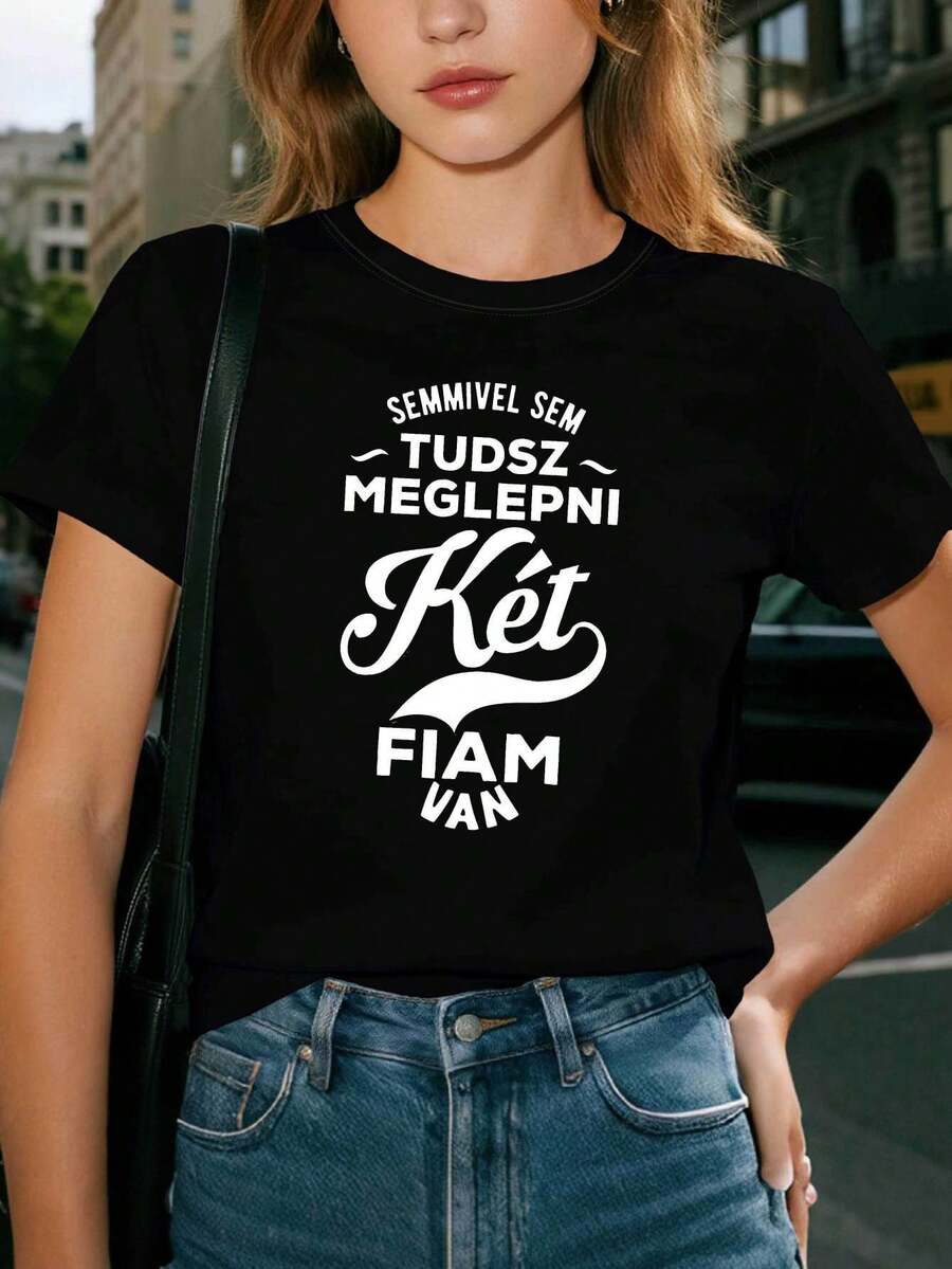 Women's "You Can't Surprise Me, I Have Two Children" Letter Print T-Shirt, Spring-Summer, Short Sleeve, Round Neck, Casual, For Everyday Wear, Holiday Gift. - 黑色 - 查看 1