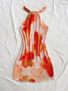 Vestido mini plisado con estampado floral y cuello de halter para mujer, silueta ajustada, ideal para vacaciones, citas, té de tarde, vacaciones, festivales de música, estilo bohemio, primavera/verano - Multicolor 2 - Ver 2