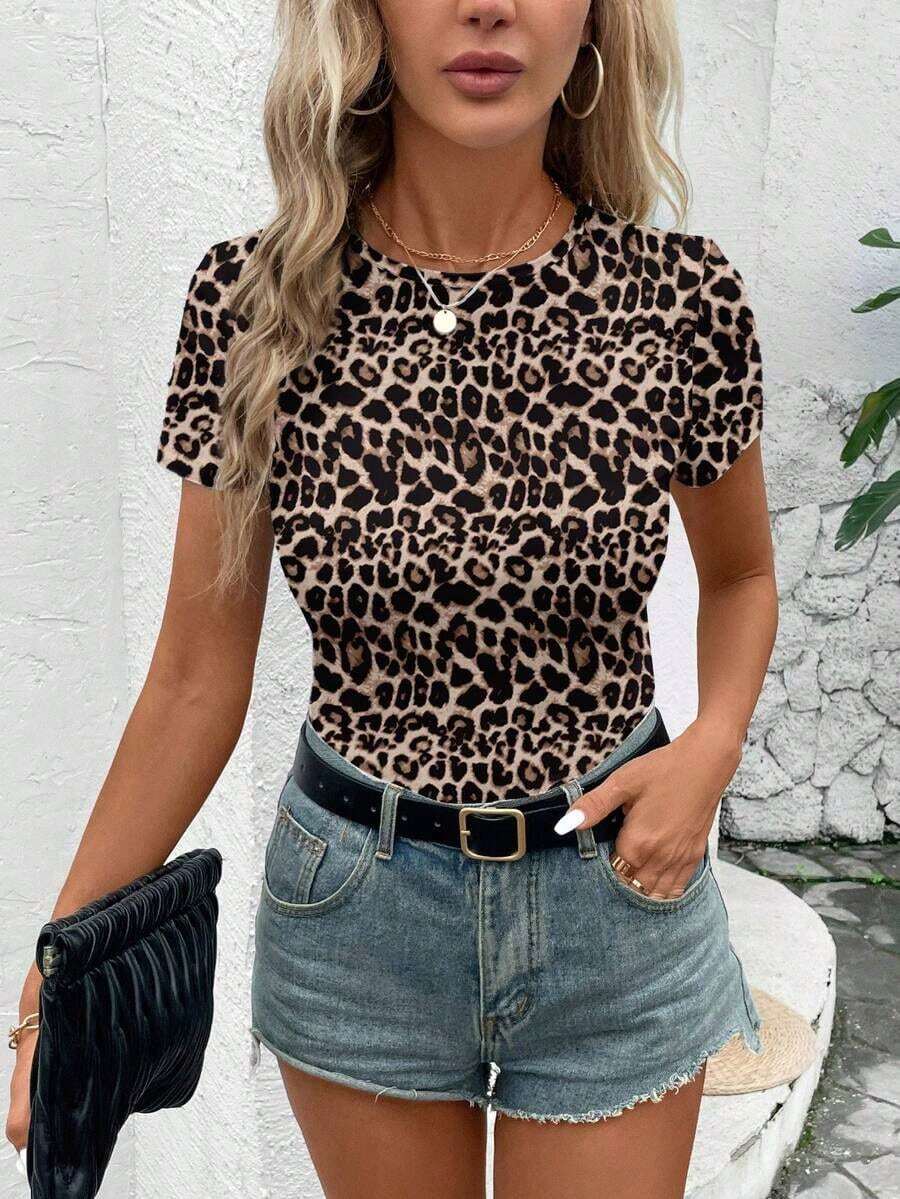 LUNE Camiseta de manga corta ajustada con cuello redondo y estampado de leopardo minimalista casual para mujer, adecuada para primavera/verano.Parte superior con estampado de leopardo, camiseta con estampado de leopardo, parte superior de manga corta, tops de otoño, estampado animal, casual - Multicolor 3 - Ver 1