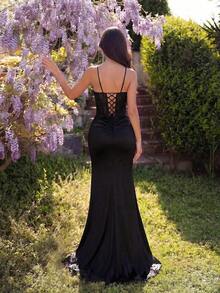 Vestido maxi elegante con encaje, parches, cintura alta, plisado, abertura y espalda descubierta, adecuado para graduación, baile de graduación, fiesta de cumpleaños, cena formal, regreso a casa, invitado de boda, ocasión formal, Día de San Valentín - Negro - Ver 2