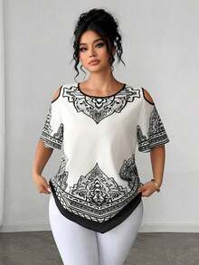 Blusa de manga corta con bajo asimétrico negro y blanco elegante para mujer de talla grande, adecuada para verano, vuelta al colegio, vacaciones, graduación, días festivos, San Valentín, Navidad, festivales de música, Día de la Madre, Halloween, Acción de Gracias, Pascua, Día Nacional, bailes, cumpleaños, citas, fiestas, bodas, actividades al aire libre - Blanco y Negro - Ver 5
