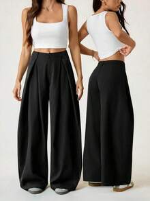 Pantalones anchos de verano con dobladillo curvo verde, estilo vintage, casual y para salir - Negro 3 - Ver 2