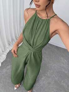 Mono sin mangas de un solo color con diseño cruzado para mujer, atuendo elegante para festivales, fiestas, festivales de música, temporada de graduación, playa, vacaciones y uso diario - Verde militar - Ver 7