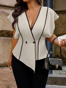 Camisa elegante de mujer talla grande con cuello en V, bajo asimétrico, diseño de rayas y parches, con encaje transparente en la parte delantera, adecuada para uso diario, oficina y citas, primavera/verano - Gris Claro - Ver 4