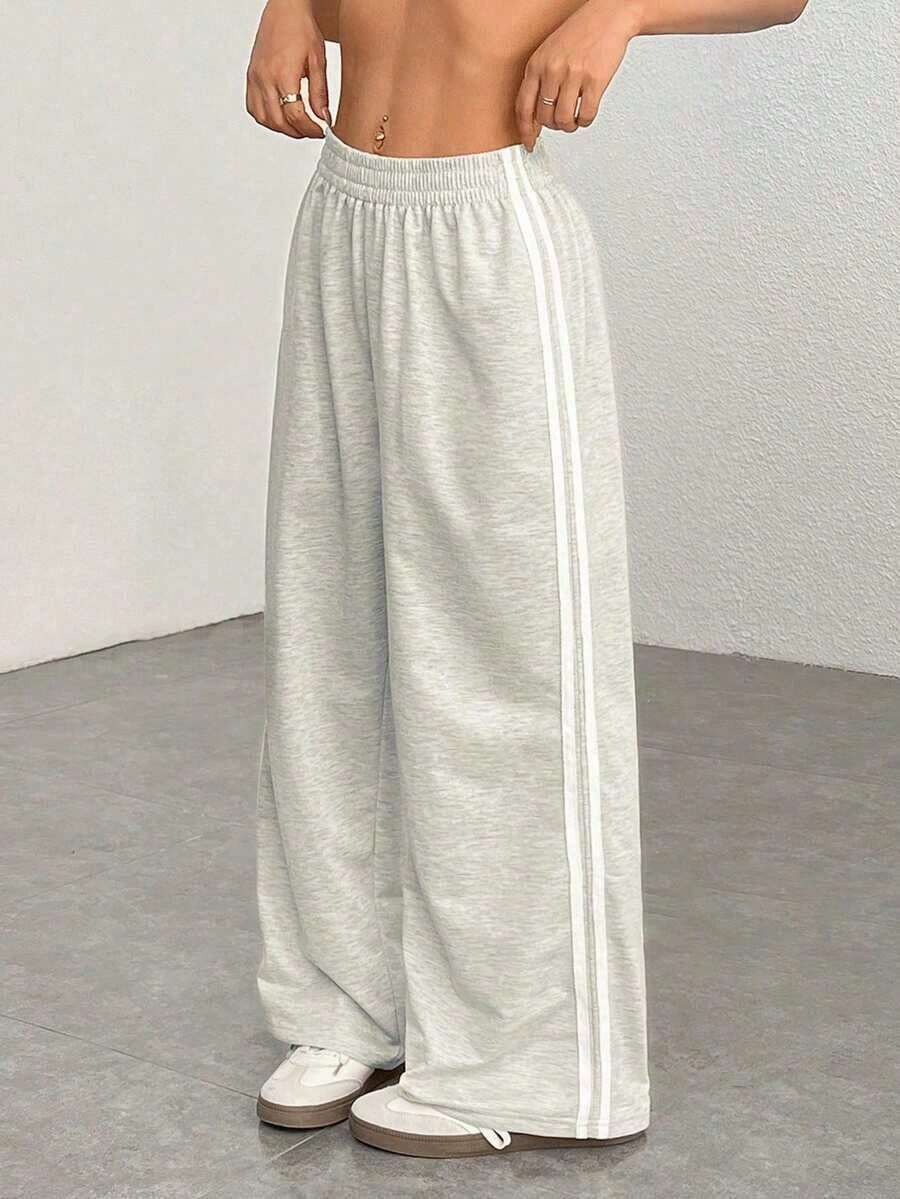 Pantalones casuales con rayas laterales negras, de estilo simple y de moda para uso diario, graduación, maestros y vuelta al colegio para mujeres - Gris Claro - Ver 1