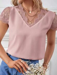 Frenchy Blusa con encaje en contraste de cuello V - Rosa vieja - Ver 3