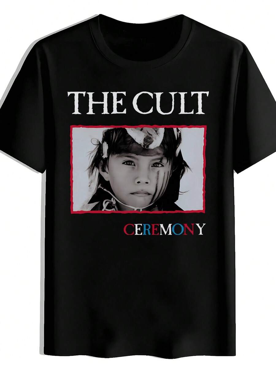 Unisex T-Shirt With The Cult Logo And Song Lyrics, 80s Vintage Style, Rock Graphic Design, Black, Short Sleeve, Crew Neck, Casual, For Concerts, Festivals, For Music Fans - 黑色 - 查看 1