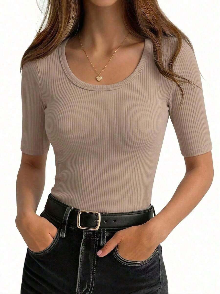 Selamara 3 piezas Camisetas casuales de mujer de unicolor, cuello redondo, manga corta y ajustadas con costillas - Albaricoque - Ver 1