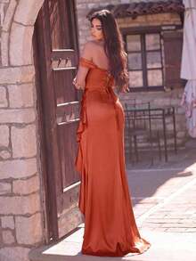 Vestido de noche formal con diseño de volantes y abertura alta, adecuado para asistir a galas, fiestas de etiqueta, bodas y cenas formales - Naranja - Ver 2