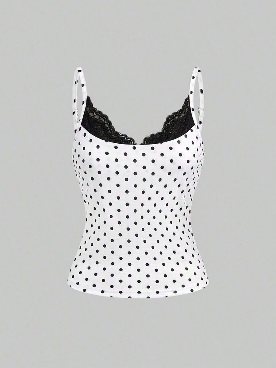 Camiseta de mujer con cuello en U, con detalles de encaje y estampado de lunares modernos - Blanco - Ver 1