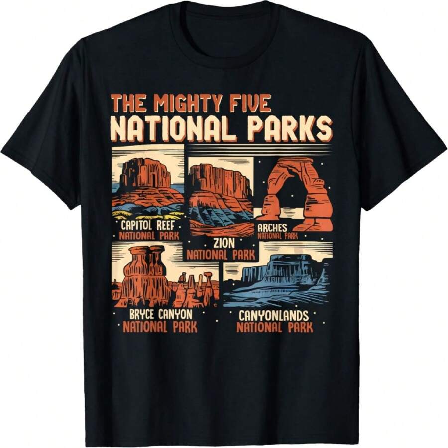 Vintage Utah Mighty Five 5 National Parks Hiking Camping T-Shirt - 黑色 - 查看 1