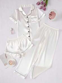 Conjunto de pijama de 3 piezas para mujer con cuello de seda falsa de unicolor y ribete contrastante - Blanco - Ver 5
