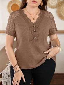 Lacomfia Women's Plus Size Lace Patch Knit T-Shirt, Spring/Summer - 橘色 - 查看 10