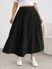 Pantalones/faldas cortas plisadas de cintura elástica, cómodos y sueltos, de estilo básico y versátil, para uso diario, que estilizan la figura, en color albaricoque, para mujeres de talla grande, para primavera/verano - Negro - Ver 6
