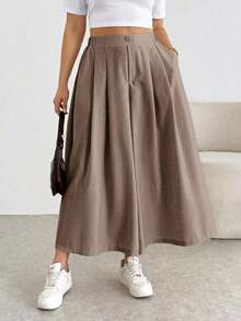 Pantalones/faldas cortas plisadas de cintura elástica, cómodos y sueltos, de estilo básico y versátil, para uso diario, que estilizan la figura, en color albaricoque, para mujeres de talla grande, para primavera/verano - Caqui 3 - Ver 3