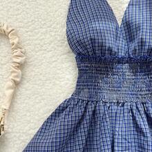 Vestido midi con cuello halter, volantes y corbata a cuadros azul para mujer - Blanco y Negro - Ver 6