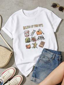 Camiseta de manga corta con cuello redondo suave y casual para mujer, estampado gráfico divertido de bandas retro de los 90. Blanco. - Blanco - Ver 2