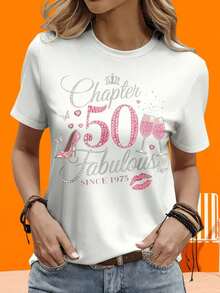 Camiseta de manga corta para mujer, para ocio al aire libre y en casa, 220g. Camiseta de cumpleaños para mujer con diseño de corona, tacón alto y copas de vino, ideal para celebrar el 50º aniversario. Regalo para fiestas y vacaciones al aire libre. - Blanco - Ver 1