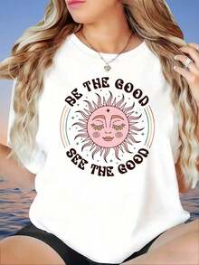 GraphicBe The Good See The Good Sun Face Camiseta con Gráfico de Arcoíris para Mujer, Top Casual de Verano, Estilo Boho, Corte Holgado, Camiseta Blanca, Camiseta para Mujer - Blanco - Ver 3