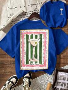 Women's Casual Short Sleeve Crew Neck Graphic T-Shirt With 'Dirty Martini Lover' Print, Perfect For Summer Holidays And The Beach. Vintage Y2K Graphic T-Shirt, Casual Loose Fit, Streetwear Style, Soft And Breathable Cotton, Summer Beachwear. - 藍色 - 查看 5