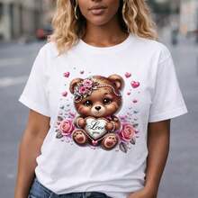 Camiseta de algodón de talla grande para mujer, con estampado de oso adorable con corazón y rosas, manga corta, corte holgado informal, suave y cómoda, regalo para el Día de San Valentín, uso diario, top básico negro para mujeres con curvas - Estilo vintage urbano, unisex, camiseta de algodón holgada de manga corta con cuello redondo, blusas para mujer. blusas.blusas casuales para dama.Impresión de osos cariñosos.Camiseta estampada Impresión de osos cariñosos. - Blanco - Ver 7