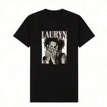 Ropa de Verano para Mujer, Camiseta Casual de Algodón Suave con Cuello Redondo, Cantante Legendaria Lauryn Hill, Estampado de Retrato en Blanco y Negro. - Negro - Ver 2