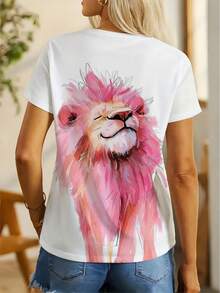 White Short Sleeve Crew Neck T-Shirt | Watercolor Style Lion Print With Dreamy Pink Mane + Artistic Brushstroke Design, Eye-Catching Breathable Casual Summer Top, Women's Winter Clothing - 白色 - 查看 6