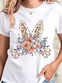 Camiseta de Mujer con Estampado Floral de Leopardo y Orejas de Conejo, Top Casual de Verano, Estilo Boho, Camiseta Gráfica para Mujer - Blanco - Ver 6