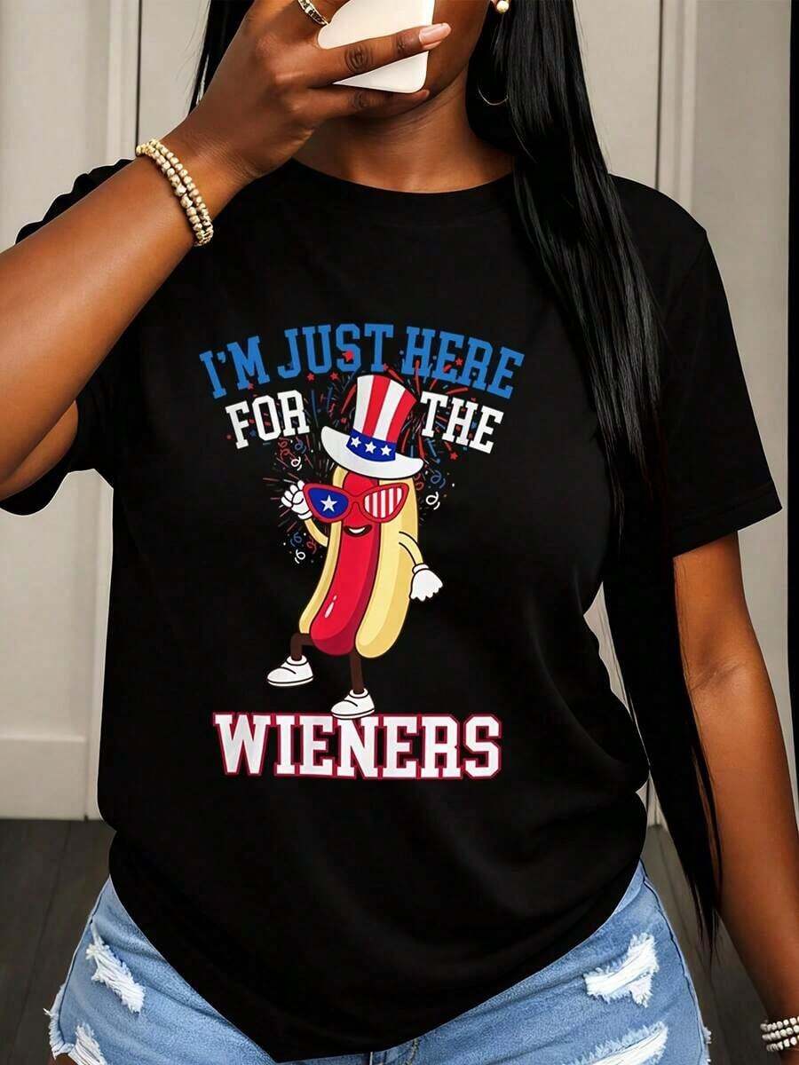 Playera mujerI M Just Here For The Wieners Patriotic Hot Dog T Shirt Fourth Of July Independence Day Celebration Funny Graphic Tee Women Casual Summer TopCasual diario - Negro - Ver 1