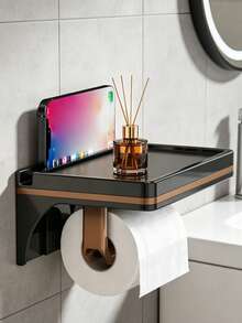 1PC Bathroom Storage Shelf - A Toilet Paper Holder Featuring An Extended Storage Platform. This Sturdy Unit Serves As Both A Mobile Phone Stand And A Storage Shelf, Specifically Designed To Hold Baby Wipes, Bath Essentials, And Various Small Necessities. An Ideal Choice For New Parents, Bathrooms, And Nurseries. - Multicolor - View 3