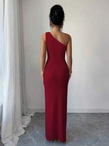 Nuevo vestido maxi de mujer de unicolor y sexy con hombro asimétrico, retorcido y fruncido, con cuello asimétrico, textura de punto y estilo ajustado, con diseño retorcido y con abertura, atuendo elegante para mujer, vestido para fiesta de primavera/verano, vacaciones, San Valentín - Gris - Ver 2