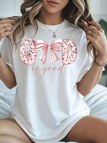 TrendyGod Is Good T-Shirt With Floral Design And Pink Bow For Women, Casual Loose Fit, Comfortable Cotton T-Shirt With Christian Statement Of Faith For Everyday Wear - 白色 - 查看 1