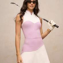 Activina Women's Contrast Color Collar Sleeveless Casual Fitness Sports Dress Golf Skirt Set Women's Golf Skort Top Set Golf Tennis Dress Women S Tennis Skirt Set Female Golf Attire Seksi Chic Brown White Color Ralphlauren Brown Tennis Dress Collared Athletic Dress Golfing Dress Women Sets 2in1 Summer All Season  Ralphlauren Old Money - Morado - Ver 7