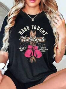 Women's Blouses Fashion, Round Neck, Unisex Fashion, Women's T-Shirt With Boxing Print "Tough Combat" - Black, Short Sleeve, Round Neck, Casual Style With Inspirational Design. - 黑色 - 查看 6