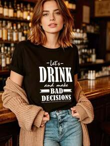 New Summer Casual T-Shirts, Party Favors, Short Sleeve T-Shirt With 'DRINK' Letter Print, Crew Neck, Versatile And Fashionable, New Arrivals, Festival Clothes, Mother's Day - Unisex Loose Fit Cotton Short Sleeve Crew Neck T-Shirt, Urban Vintage Style - 黑色 - 查看 2