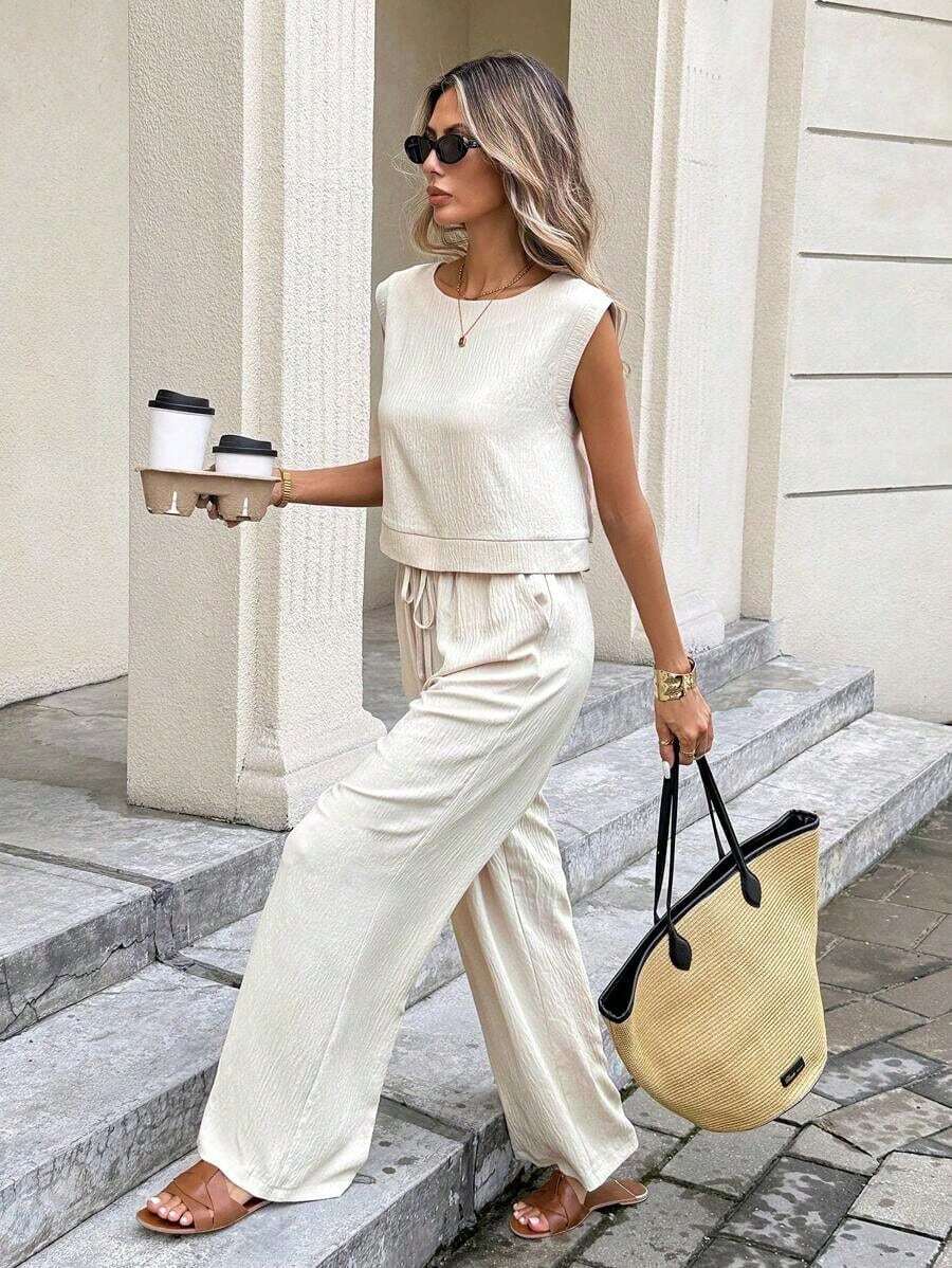 Conjunto de 2 piezas de chaleco y pantalones a cuadros casuales de vacaciones para mujer - Albaricoque - Ver 1