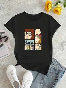 1 Piece Of Women's Fashion T-Shirt With Cartoon Print, Round Neck, Short Sleeves, Simple Casual Sports T-Shirt, Comfortable Summer Vacation Top, 180g 100% Cool Cotton. - 黑色 - 查看 3