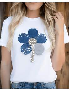 Women's Basic Mexican Denim T-Shirt With Floral Accents, Casual Summer Style For Everyday Wear. Cute Blouses For Women. Women's T-Shirt, Casual Loose Fit, Slightly Stretched Cut. New Arrival. - 白色 - 查看 1