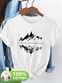Women's 100% Cotton Short Sleeve T-Shirt With Subtle Outdoor-Themed Patches - Casual Spring And Summer Blouse, Machine Washable, Ideal For Picnics And Casual Wear, Non-Outdoor Printed T-Shirts - [白色的] - 查看 2
