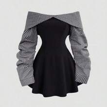 Women's Autumn/Winter Collegiate Style Minimalist Bardot Ruched Waist Contrast Color Mini Dress, Figure-Flattering - Negro - Ver 1