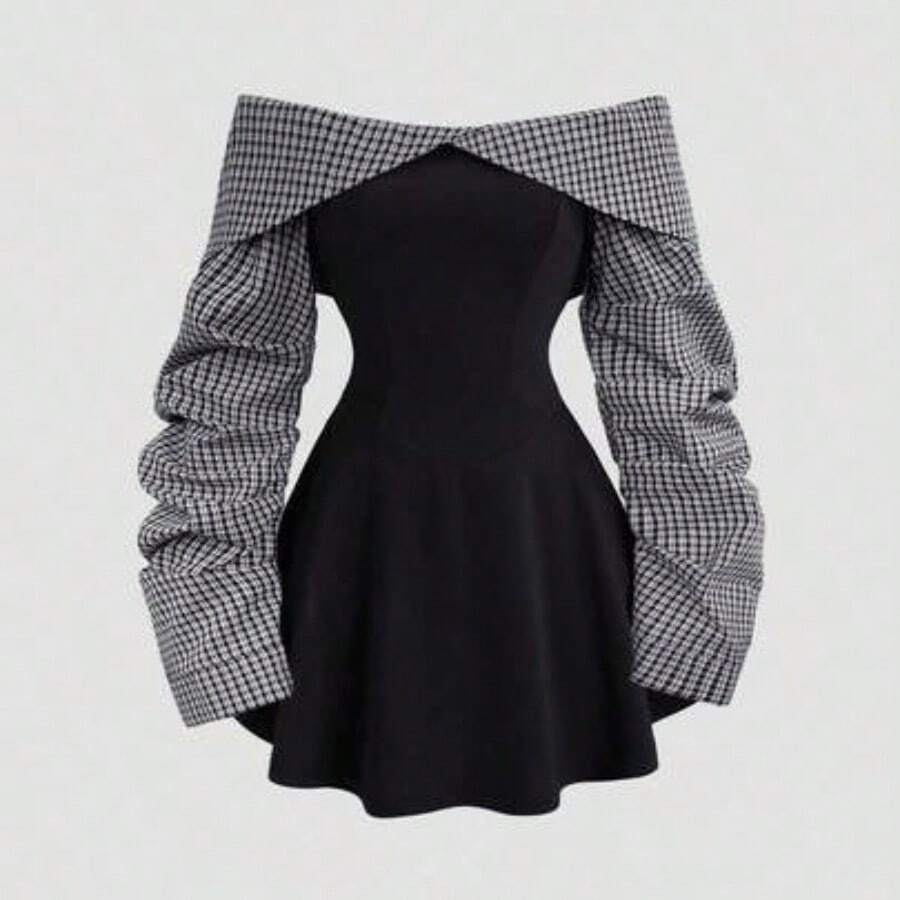 Women's Autumn/Winter Collegiate Style Minimalist Bardot Ruched Waist Contrast Color Mini Dress, Figure-Flattering - Negro - Ver 1