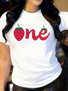 Women's Summer Casual T-Shirt With Strawberry Print - White Short Sleeve Blouse With Red 'One' Graphic Design And Fruit Motif, Round Neck, Regular Fit, Machine Washable, Holiday T-Shirt, Comfortable Clothing For Everyday Wear. - 白色 - 查看 1