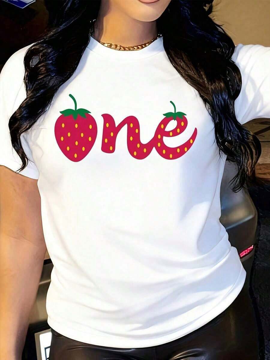 Women's Summer Casual T-Shirt With Strawberry Print - White Short Sleeve Blouse With Red 'One' Graphic Design And Fruit Motif, Round Neck, Regular Fit, Machine Washable, Holiday T-Shirt, Comfortable Clothing For Everyday Wear. - 白色 - 查看 1