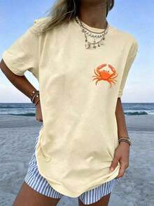 Women's 100% Cotton Graphic Graphic T-Shirt With Double Print "If I'm In A Bad Mood, Please Go Back To The Beach" And "Salty", Casual And Oversized Summer Style | Summer Clothes | Holiday Outfits Pure Cotton T-Shirt 100% Cotton 100% Cotton - 杏色 7 - 查看 3